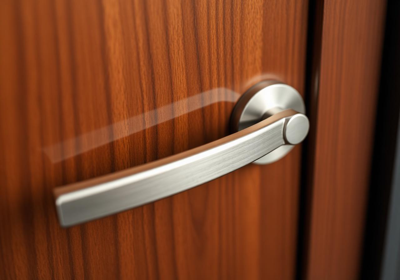Detalj av modernt borstat stålhandtag på trä­dörr